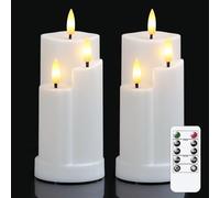 Wroxipel Pack of 2 Flameless 3 Wicks Plastic White LED Candles with Remote Control, 7.5cm x15cm Battery Operated Flickering Warm Light Cycle Timer Pillar Candles for Home Party Festival Decoration