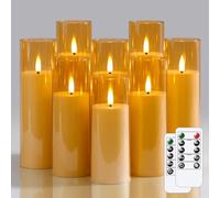 Wroxipel Pack of 8 Acrylic Flameless Flickering 5.5cm x12.5 15 15 17.5 17.5 17.5 20 20cm Gold Plastic LED Candles with Remote, Battery Operated Cycle Timer Bulk Long Lasting Realistic Pillar Candles