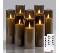 Wroxipel Pack of 8 Acrylic Flameless Flickering 5.5cm x12.5 15 15 17.5 17.5 17.5 20 20cm Grey Plastic LED Candles with Remote, Battery Operated Cycle Timer Bulk Long Lasting Realistic Pillar Candles