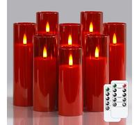 Wroxipel Pack of 8 Acrylic Flameless Flickering 5.5cm x12.5 15 15 17.5 17.5 17.5 20 20cm Red Plastic LED Candles with Remote, Battery Operated Cycle Timer Bulk Long Lasting Realistic Pillar Candles