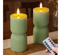 Wroxipel Sage Green Flameless LED Candles with Remote, Pack of 2 Pillar Ribbed Real Wax Flickering Electric 3D Wick Warm Light Battery Operated Fake Timer Function 7 cm x 15 cm Home Decor