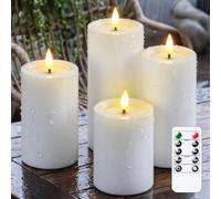 Wroxipel Waterproof Flickering Auto Daily Timer White Plastic Flameless LED Candles with Wax Oil, 7.5cm x10 12.5 15 17.5cm Long Lasting Battery Operated Remote Control Pillar (Pack of 4)