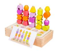 WRQIOO Dementia Activities for Adults, 2-in-1 Montessori Threading Toys, Wooden Lacing Beads and Stacking Blocks, Wooden Beads Sequencing Toy Set, Contains 20 Building Blocks and 8 Cards