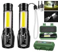 Wrrozz Led Flashlight Rechargeable USB Torch Mini Small Light Super Bright Handheld Tiny Portable Pocket Flash Light with COB Side Searchlight High Lumens Zoomable Emergency Camping Accessories 2 Pack