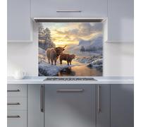Premium Highland Cows By The Lake Kitchen Splashback 6mm Toughened Glass Kitchen Splashback - Heat Resistant Splashback for Kitchens, Perfect for Cookers and Hobs, Polished Edges