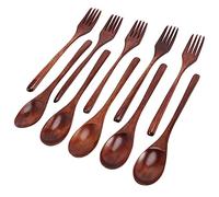 Wrtysully 10 Pcs Wooden Spoons Forks Set Wooden Utensil Set Reusable Natural Wood Flatware Set for Cooking Stirring Eating