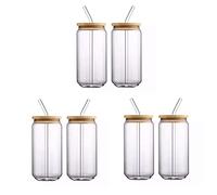 Wrtysully [ 6Pcs Set ] Glass Cups With Bamboo Lids and - Beer Can Shaped Drinking Glasses, 16 Oz Iced Coffee Glasses