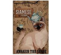 WRUSHJY Retro Metal Tin Sign 12x16 inches Siamese Cat and Tea Awaken The Sense Art Print Poster Indoor Home Decor Gift Vintage Style Metal Tin Sign