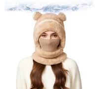 WRYHAUL Bear Mask Cap, Cozy Cute Bear Scarf Hat, Winter Windproof Warm 3 in 1 Beanie Hat with Scarf and Mask, Thickened Plush Lining (Khaki,One Size)