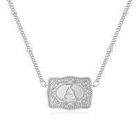 Wryhaul Belt Buckle Initial Necklaces for Women, Embossed Belt Buckle Necklace, Personalized Letter PendantNecklace, Initial Letter Necklace, Dainty Sliver Western Personalized Gift Jewelry (A)