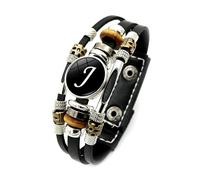 Wryhaul Handmade 26 Letter Leather Bracelet, Black Leather Initial Bracelet with Matching A-Z Letter Pattern, Boho Multilayer Braided Bangle, Personalized Braided Leather Bracelet (J)