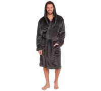 WS-AW23 Mens Flannel Fleece Hooded Robe Plush Classic Dressing Gowns Grey Medium