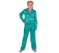 WS-AW24 Kids Girls Satin Silky Luxury Long Sleeve Pyjama Set Buttoned Pyjama Teal 11-12 Years