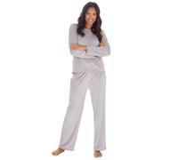 WS-AW24 Ladies Full Length Crew Neck Longline Fleece Pyjama Set Long Top and Open Hem Bottoms 2 Piece Twoise Lounge Set Loungewear Soft Warm Cosy Grey Large