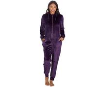 WS-AW24 Ladies Hooded Onesie All in One Jumpsuit One Piece Fleece Warm Pyjamas Onezee Plain Zip Up Purple L/XL