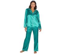 WS-AW24 Ladies Luxury Satin Long Pyjama Set Buttoned Silky Buttoned 2 Piece Pyjama Nightwear Collared Long Sleeve Teal Size 14-16