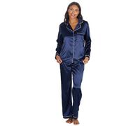 WS-AW24 Ladies Luxury Satin Long Pyjama Set Buttoned Silky Buttoned 2 Piece Pyjama Nightwear Collared Long Sleeve Navy Size 22-24