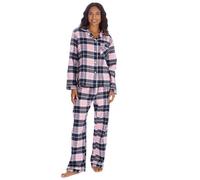 WS-AW25 Womens Longline Checked Pyjama Set Brushed Cotton Blend Flannel Long Sleeve Pyjamas Navy Size Medium