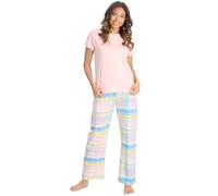 WS-SS24 Ladies 2-Piece Pyjama Short Sleeved Jersey Plain T-Shirt & Long Checked Bottom Pants Set Summer PJ's Pink X-Large
