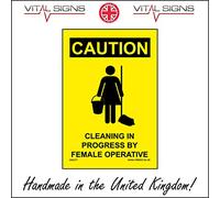 WS476 Warning Sign Caution Cleaning in Progress by A Female Operative Signs 200mm x 300mm Magnetic - Vehicle Grade