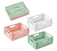 WSAMJIN 3 Pack Pastel Crates Desk Organizers, Mini Plastic Baskets for Office Organization, Collapsible Crate Stacking Folding Storage Baskets for Home Kitchen Bedroom Bathroom Office - 9×15×20cm