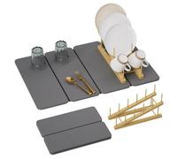 WSBArt 2-in-1 Diatomaceous Earth Dish Drying Mat and Bamboo Dish Rack Combo, 24x16 Inch Super Absorbent Fast Dry Stone Dish Drying Mat, Collapsible Space Saver for Kitchen Counter Bathroom Apartment
