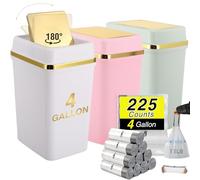WSBArt Bathroom Trash Can with Lid 4 Gallon Small Trash Can with Swing Lid White/Pink/Green Bathroom Garbage Can with 225 Counts Trash Bags for Kitchen Bedroom Office