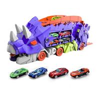 Wscwl Dinosaur Truck with Foldable Sliding | Transport Dinosaur Truck Toy,Foldable Transport with Sliding Race Track and Die-cast Cars, Transforms Into Standing, for Kids 3-6