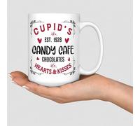 WSDESDEC Cupid's Est. 1928 Candy Cafe Chocolates Hearts & Kisses Mug Ceramic Coffee Tea Cups Funny Weightlifting White Glossy Mug Halloweens Festival Gift for Bestie Unisex 15oz