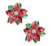 WSDMAVIS 2Pcs Fashion Poinsettia Flower Pin Crystal Rose Brooch Red Green Flower Enamel Pin for Women Dresses Parties Dinners Décor