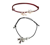 Wsdsgz Adjustable Red Or Black Cord Set with Alloy Cats Fish Pendants Braided Wristband for Bestie Couples Matching Alloy Charm Black Red String Bracelets