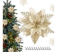 Wsetyy 12pcs Poinsettia Christmas Decorations, Glitter Artificial Flowers Ornaments Christmas Tree Flower Decorations, Poinsettia Flowers for DIY Xmas Wreath Holiday Party Decor (Golden)