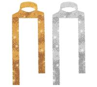 Wsetyy 2Pcs Sequin Scarf Skinny, Neckerchief for Women, Sparkle Neck Scarf for Evening Party Nightclub Wedding Abba Accessories (Gold + Silver)