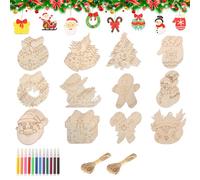Wsetyy 48Pcs Kids Christmas Ornaments Crafts Wooden, 8-Shapes Christmas Crafts Kits, Make Your Own Baubles Christmas Tree Decorations, with 12 Colour Pens and Ropes (Style A, 12 Shapes)