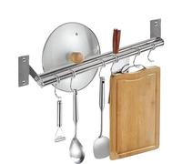 Wsetyy Kitchen Utensil Rack Stainless Steel, 40CM Utensil Rail with 6 Movable Hooks, Pot Pan Hanger Rack, Self Adhesive or Drill (Silver)