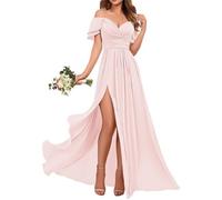 WSEYU A-Line Bridesmaid Dresses for Wedding with Off Shoulder Long Formal Party Gowns Pink UK16
