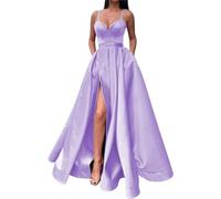 WSEYU A-Line Bridesmaid Dresses for Wedding with Satin Spaghetti Straps Long Formal Party Gowns Lavender UK20