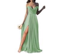 WSEYU A-Line Bridesmaid Dresses with Pockets Spaghetti Straps Off Shoulder V Neck Wedding Guest Evening Gowns Sage Green UK18