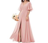 WSEYU A-Line Chiffon Bridesmaid Dresses with Pockets Puffy Sleeves Evening Party Dress Plus Size Blush Pink UK22