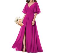 WSEYU A-Line Chiffon Bridesmaid Dresses with Pockets Puffy Sleeves Evening Party Dress Plus Size Hot Pink UK22