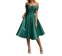 WSEYU A Line Off Shoulder Short Prom Gown Satin Pockets Wedding Dress Homecoming Dress Teal UK16