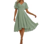 WSEYU A-Line Prom Dresses with Short Sleeves V Neck High Low Formal Gowns Plus Size Sage Green UK24