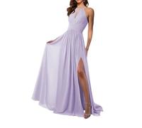 WSEYU A-line Sleeveless Halterneck Cutout Chiffon Evening Gown with Floor-Length Slit Ruffled lace-up Bridesmaid Lilac UK16