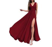 WSEYU Abito da ballo da Donna con spacco in Chiffon con spalline, Abito da sera con scollo a V e scollo a V Burgundy UK32