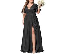 WSEYU Brautjungfernkleider für Damen, V-Ausschnitt, Schlitz, Lange, Kurze Ärmel, A-Linie, formelles Kleid mit Taschen, 2023 Black UK30
