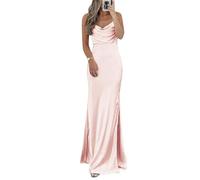 WSEYU Bridesmaid Dresses for Teens with Cowl Neck Spaghetti Strap Formal Party Gowns with Slit Blush Pink UK18