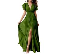 WSEYU Bridesmaid Dresses with Flutter Sleeve Pleated A-Line V Neck Long Formal Party Gowns for Wedding Olive Green UK18