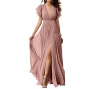 WSEYU Bridesmaid Dresses with Flutter Sleeve Pleated A-Line V Neck Long Formal Party Gowns for Wedding Dusty Rose UK16