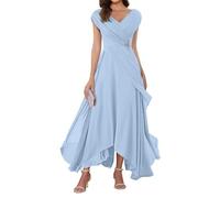 WSEYU Cap Sleeve Mother of The Bride Groom Dresses Chiffon V Neck Formal Evening Grandmother Gowns Tea Length ZMKI355 Light Blue UK12