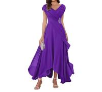 WSEYU Cap Sleeve Mother of The Bride Groom Dresses Chiffon V Neck Formal Evening Grandmother Gowns Tea Length ZMKI355 Purple UK12
